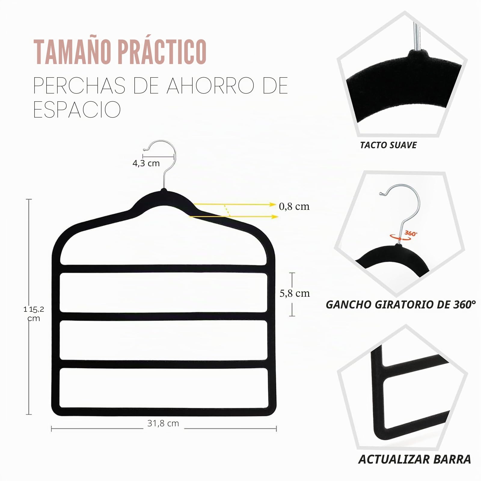 Juego de 3 perchas de terciopelo para pantalones de 4 capas, ahorra espacio, antideslizantes, para vaqueros, pantalones, leggings, corbatas, bufandas y toallas, varias capas