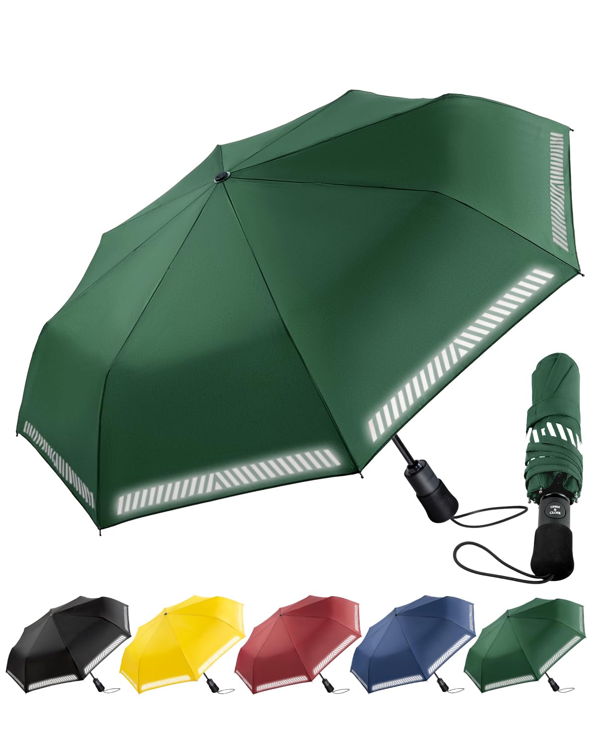 Chakipee Regenschirm Sturmfest Taschenschirm mit Reflexstreifen Umbrella Kompakter Reise Winddichter Automatik Auf und Zu Vordach 8 Rippen für Herren Damen Kinder