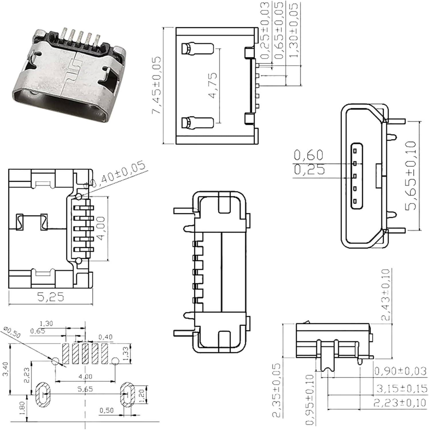 40Pcs 4 Models Micro USB 5 Pin Jack Connector Socket USB Connectors