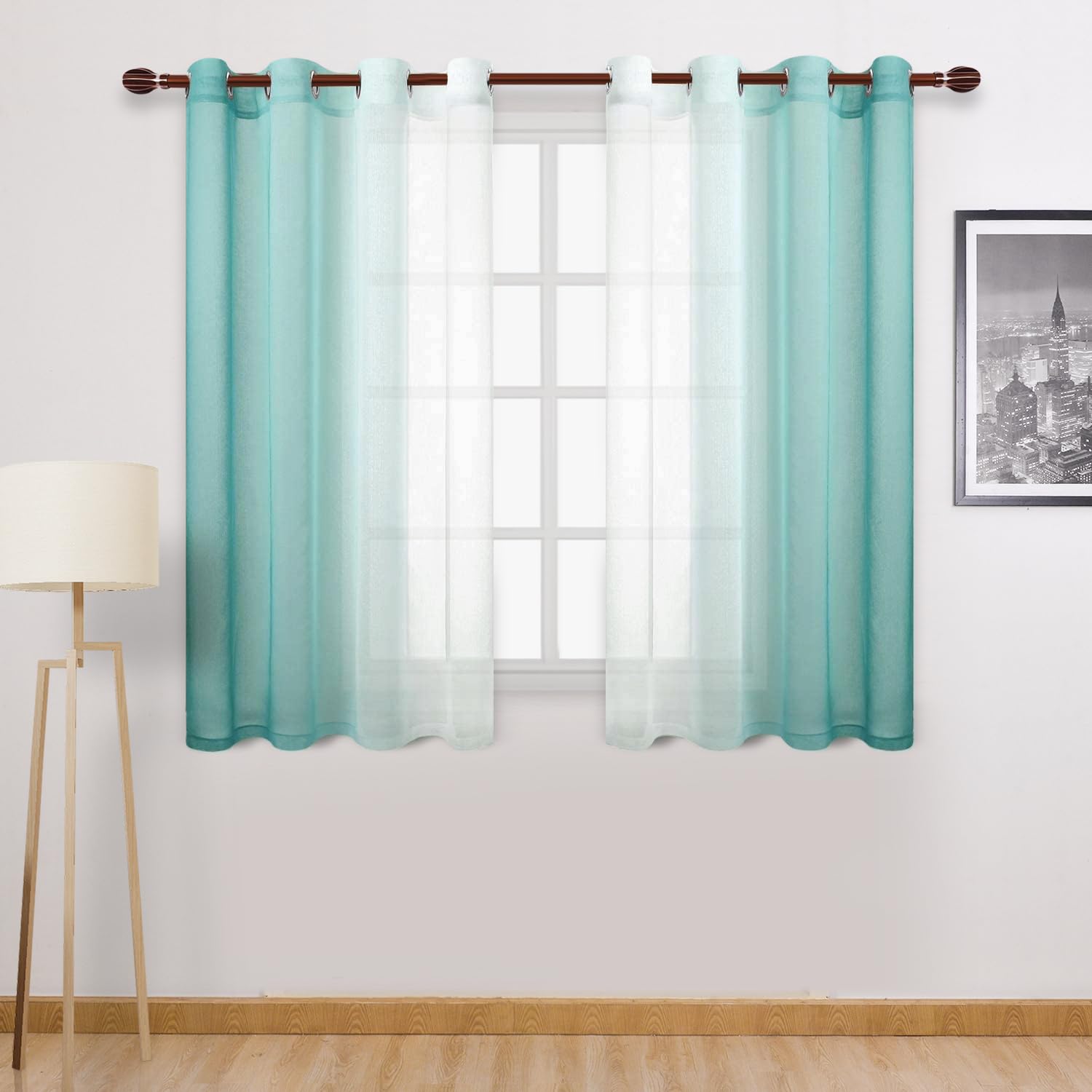 DWCN Ombre Short Sheer Curtains - Faux Linen Semi Voile Gradient Light-Filtering Bedroom and Living Room Curtains, Set of 2 Grommet Top Window Drape Panels, 52 x 45 Inch Length, Teal
