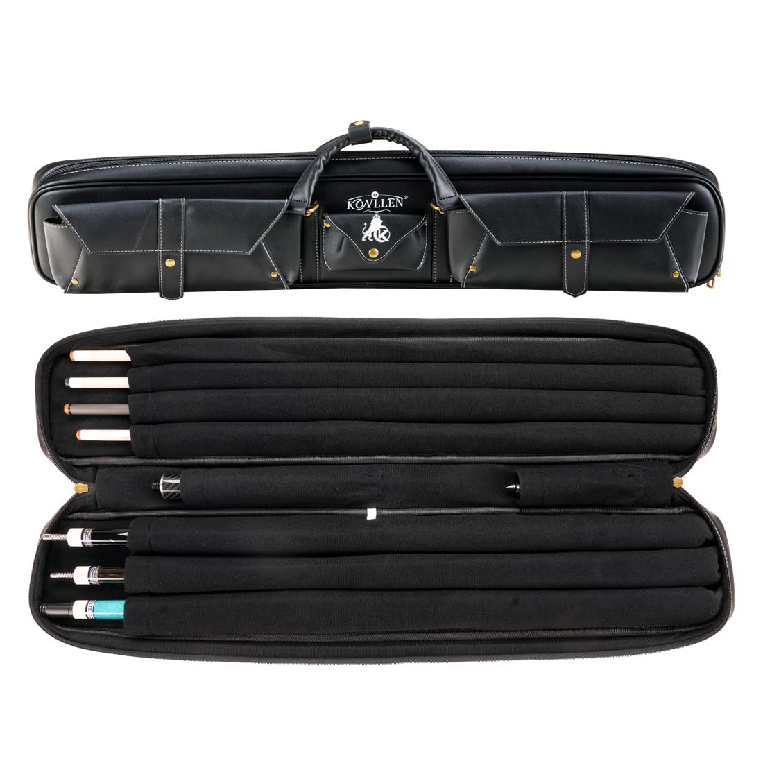 KONLLEN 2x4 Hard Pool Cue Case – Professional Billiards Cue Case for 2 Butts &amp; 4 Shafts, Durable Hard Shell Cue Bag with Adjustable Shoulder Strap, Large Storage Pockets