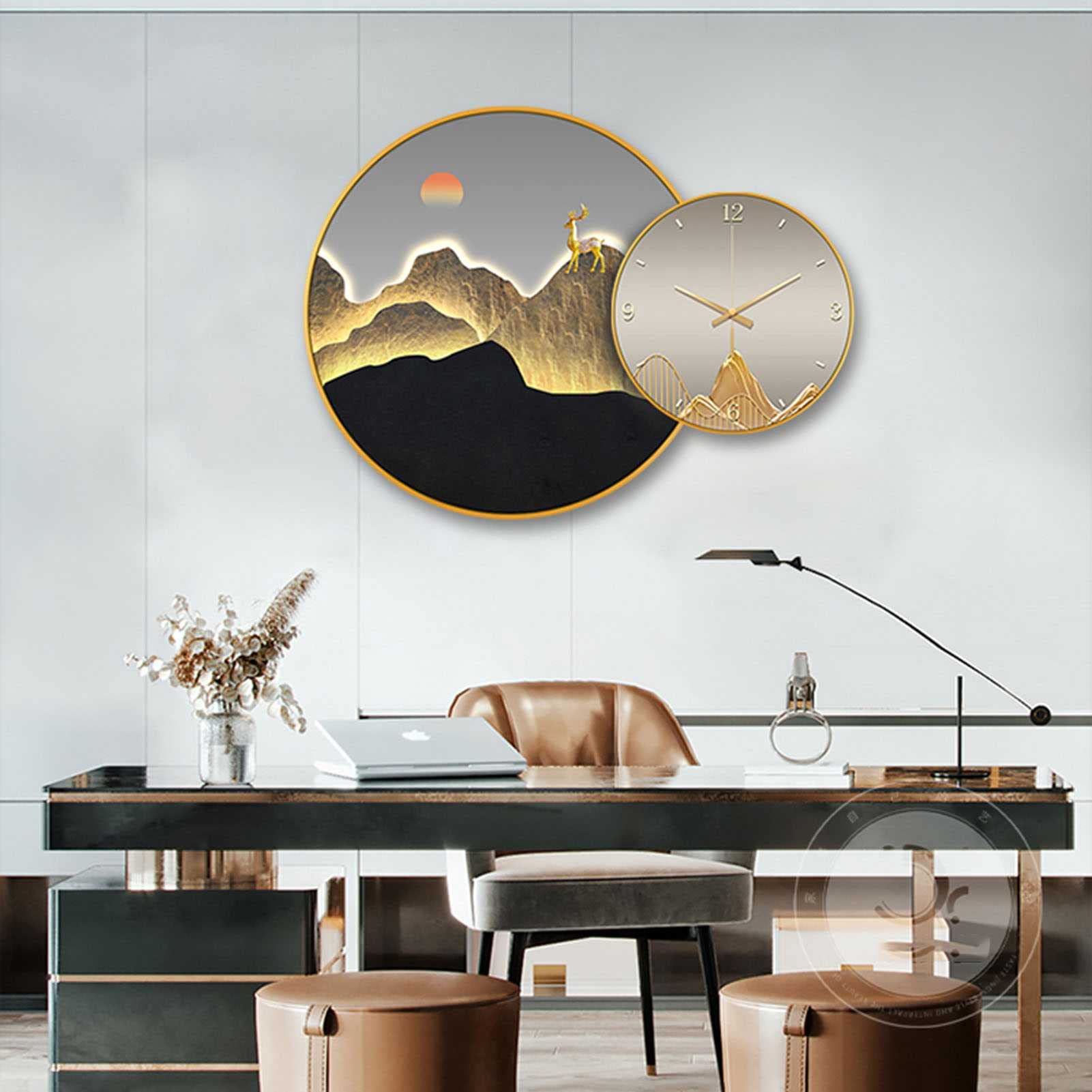 TYUHDUYUR Modern Wall Clock Silent Non Ticking Wood Wall Clocks Battery Operated, Elk Mountain Pattern Wall Clocks for Living Room Home Decor (A 95CM/37.4IN) (B 65CM/25.5IN)