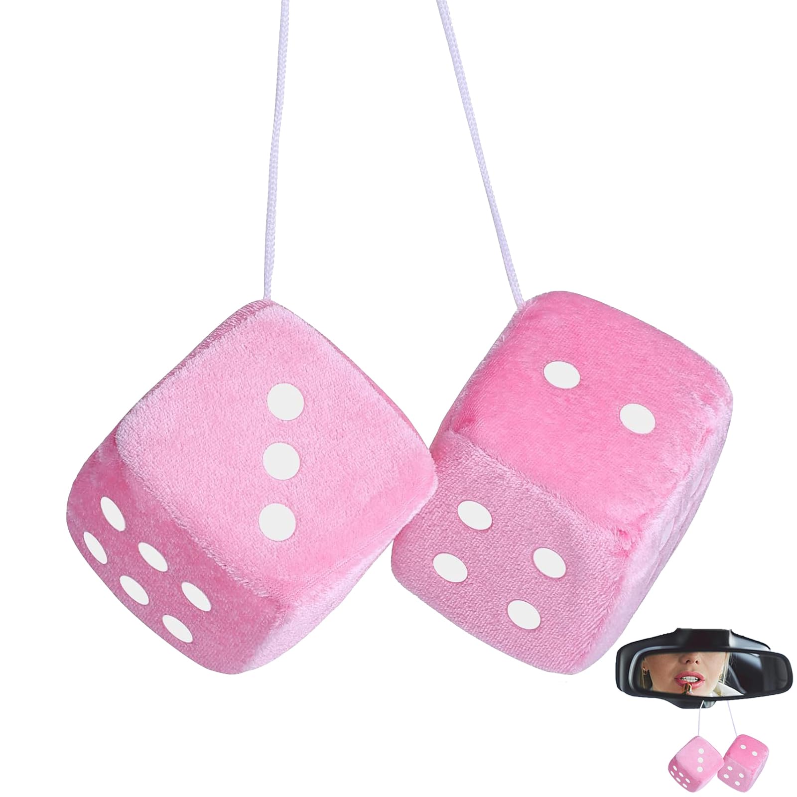 2.75inch Pair Fuzzy Plush Dice, Pink Fluffy Dice for Car, Furry Dice for Car, Fuzzy Dice for Rear View Mirror, for Car Interior Ornament Decoration