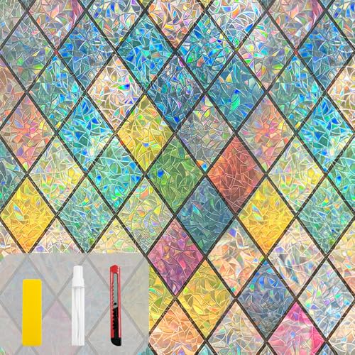 QHY Sunshine Colorful Rainbow Stained Glass Window Film Non-Adhesive Window Privacy Film Reusable Decorative for Room (Chequered Rainbow, 17.5 X 78.7 in)