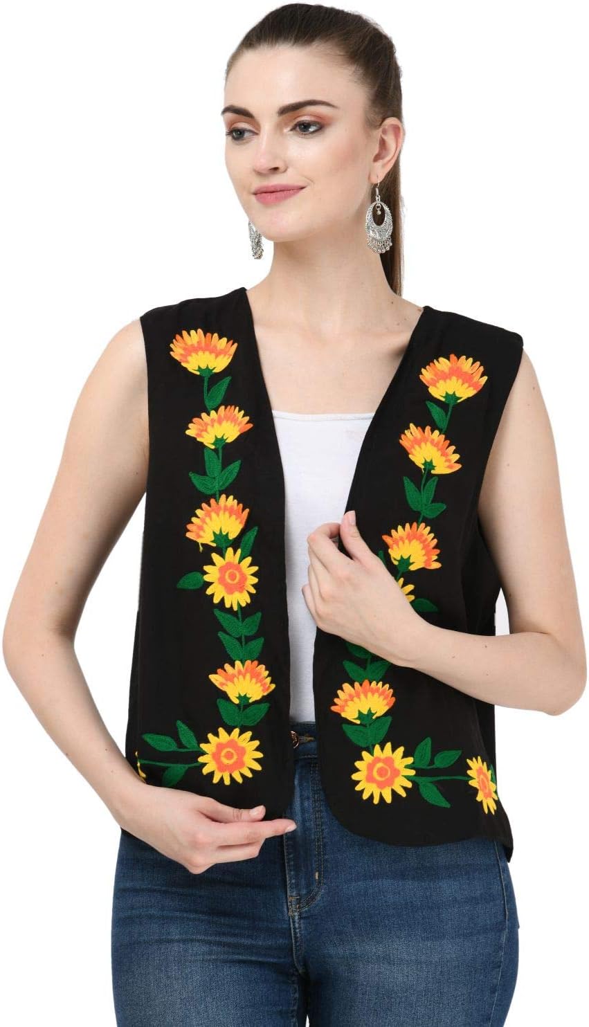 SAAKAAWomen's Rayon Black Embroidery Jacket