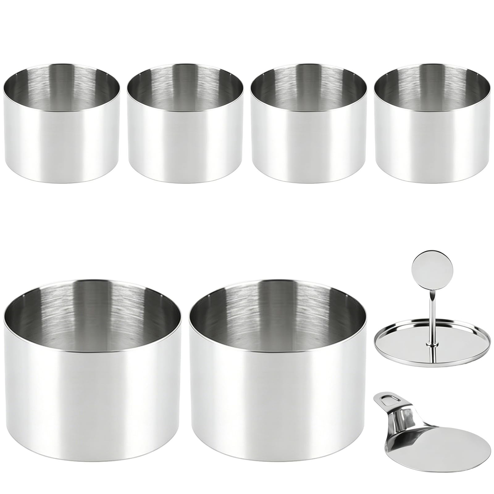 Lot de 6 cercles à gâteau ronds, 2,95 x 2,17 pouces, cercles à mousse en acier inoxydable avec poussoir et élévateur, moules pâtissiers antiadhésifs pour burgers, muffins, crumpets, pancakes