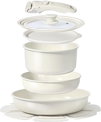 GiPP Juego de ollas y sartenes de cerámica antiadherentes, antiadherentes con mango desmontable, saludable y no tóxico, sin PFAS PFOA y PTFE, apto