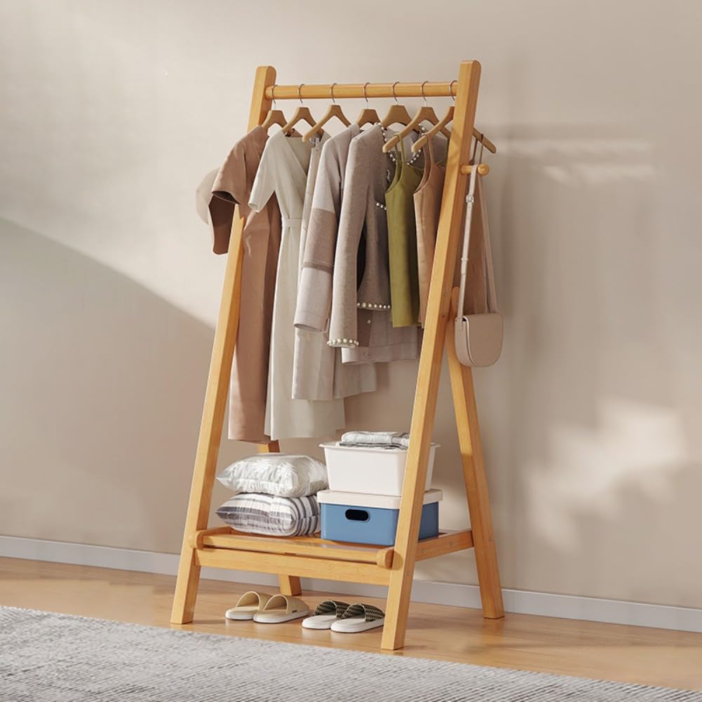 DODOBD Foldable Wooden Clothes Rail - Hanging Rail for Clothes with Bottom Shelves for Storage,Sturdy Garment Rack,Coat Stand for Corridor Living Room Bedroom Hallway, L : 60/80/100/120cm