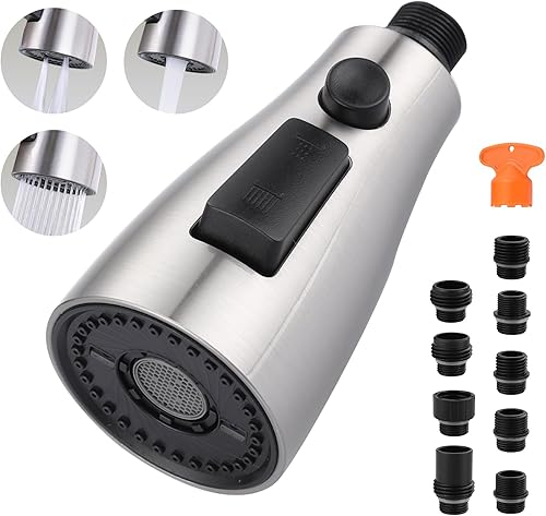 ARCORA Cabezal rociador para grifo de cocina, níquel cepillado, boquilla rociadora de fregadero de cocina de 3 funciones con 9 adaptadores, repuesto