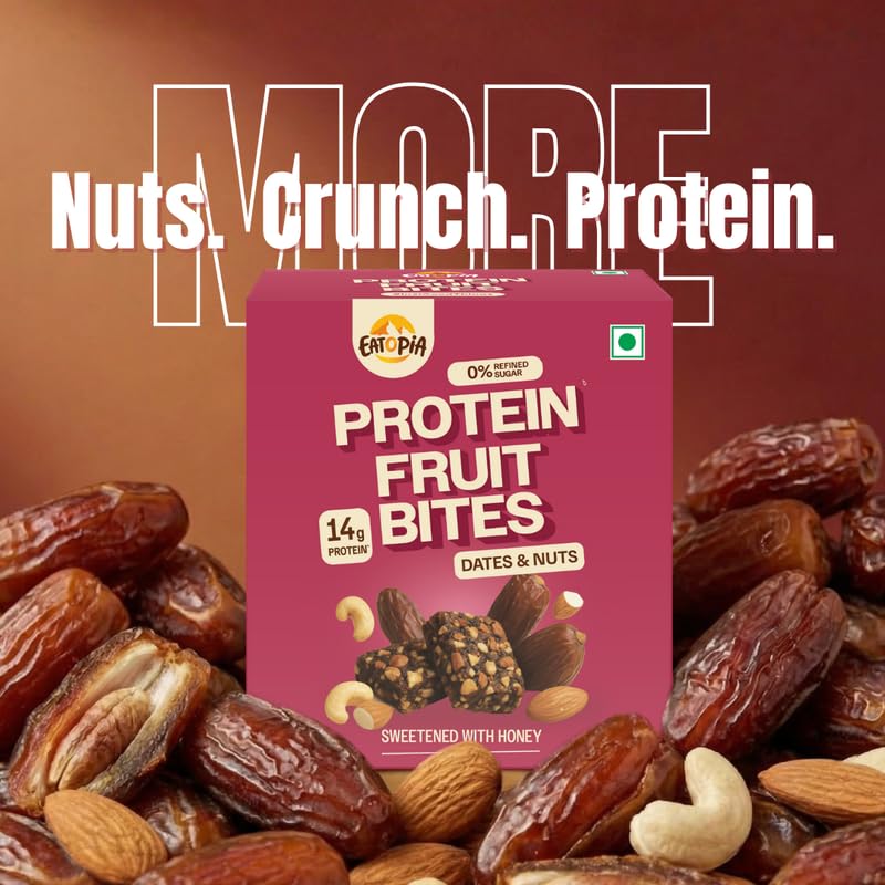 Image of Eatopia Dates & Nuts Protein Bars without Sugar | 14g Protein per 100g | No Preservatives & Refined Sugar | Dry Fruits Energy Bars | Healthy Food | Oats, Honey, Nuts & Seeds | Fruit Bites | Pack of 2 (5 Minis per Box)