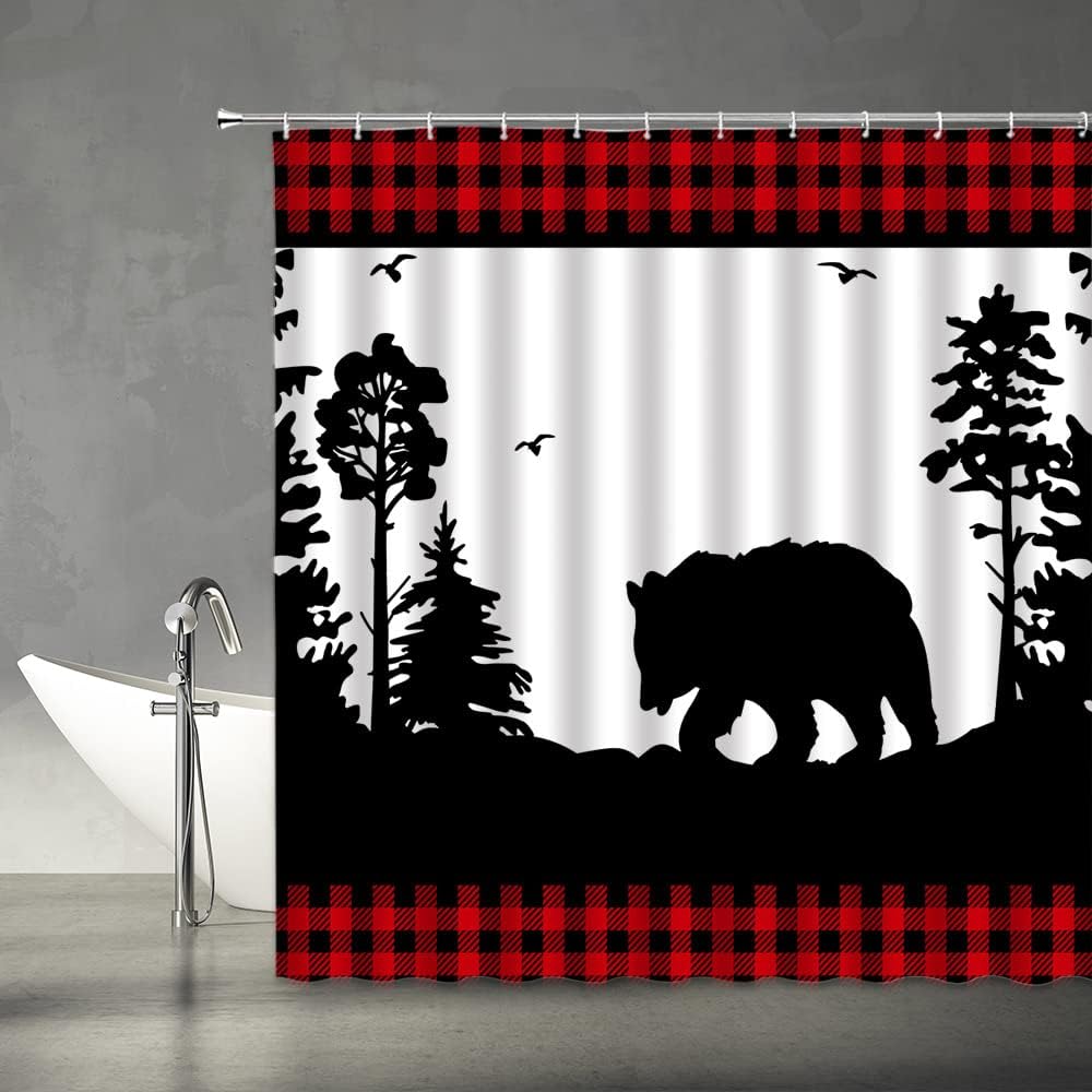 Plaid Bear Shower Curtain Rustic Red Black Buffalo Check Cabin Wild Animals Silhouette Black Bear Forest Country Hunting Camping Farmhouse Fabric Home Bathroom Decor Set with Hooks（70" Wx96 H）