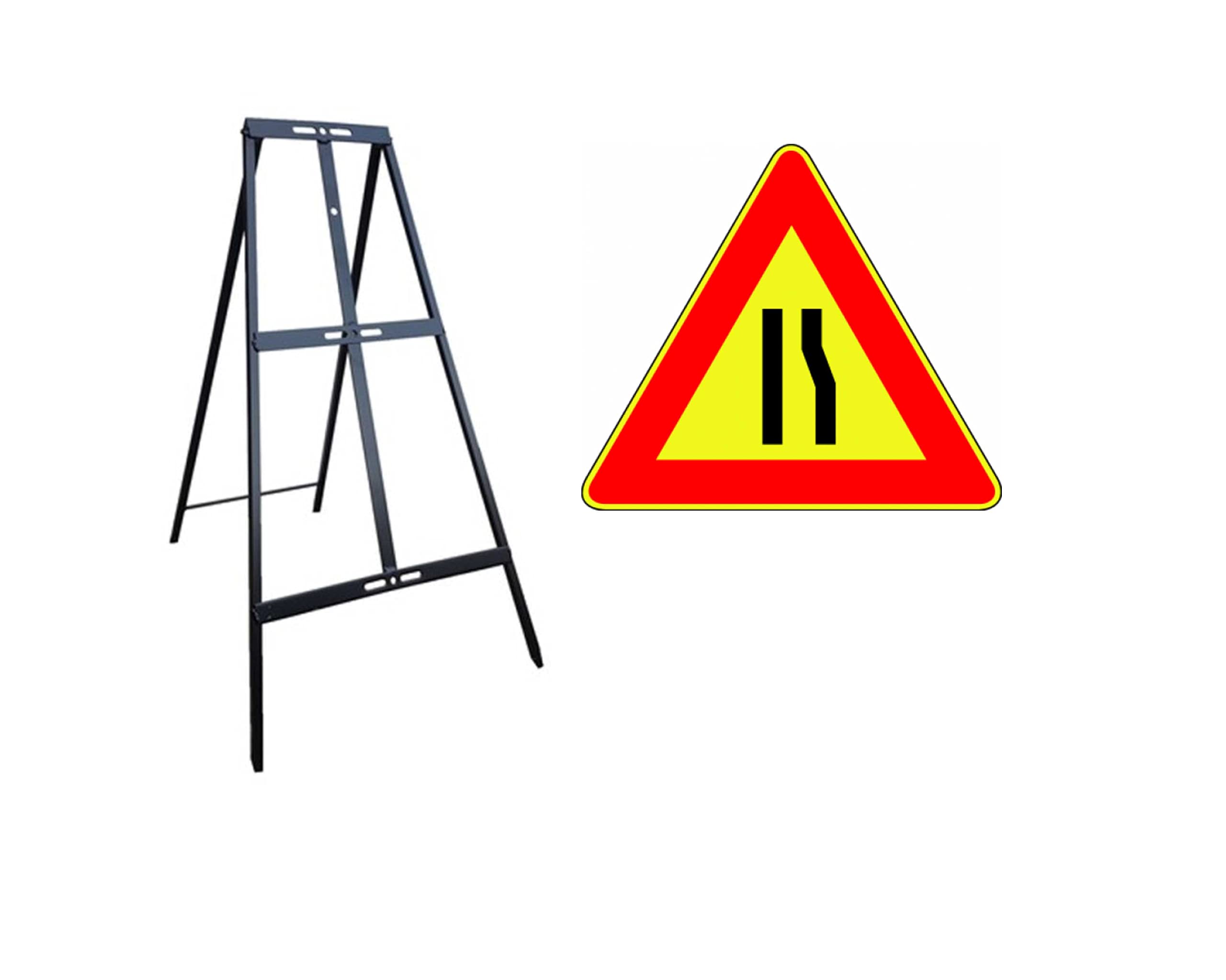 CARTELLO IN LAMIERA SCATOLATA TRIANGOLO lato 90cm - strettoia asimmetrica a destra - SEGNALE CATARIFRAGENTE CON CAVALLETTO (CARTELLO)