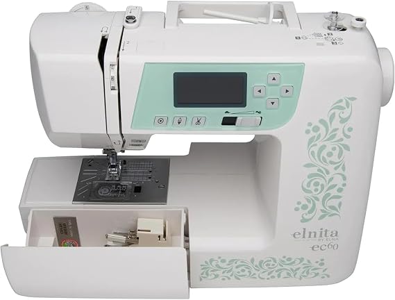 ماكينة الخياطة المحوسبة Elna Elnita ec60 للخياطة والتطريز مع 60 غرزة مدمجة وقاطعة خيوط وخيط إبرة وأزرار غرزة قفل للمنزل