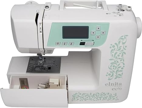 ماكينة الخياطة المحوسبة Elna Elnita ec60 للخياطة والتطريز مع 60 غرزة مدمجة وقاطعة خيوط وخيط إبرة وأزرار غرزة قفل للمنزل