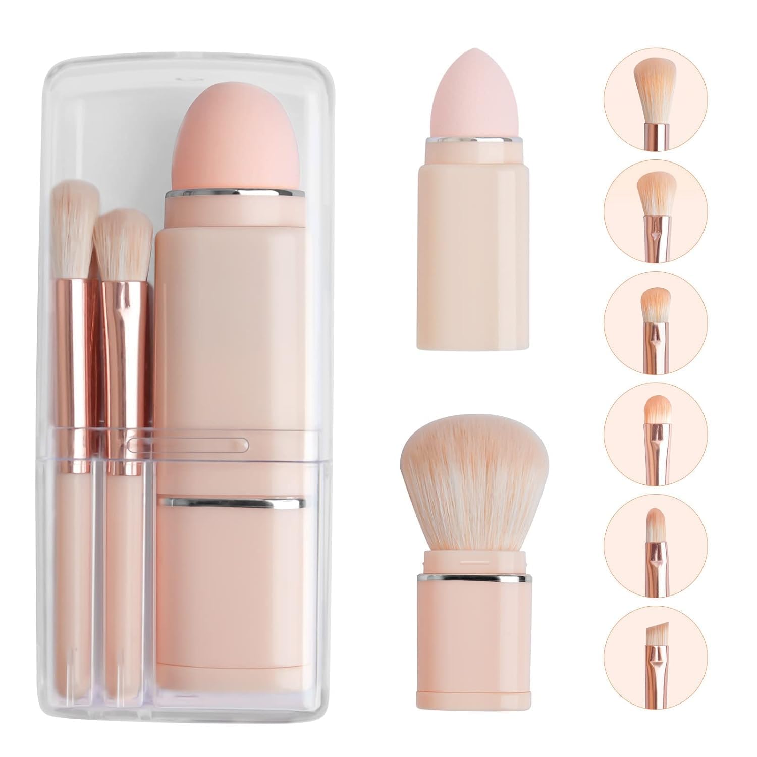 Travel Makeup Brushes Set: 8-in-1 Mini Foundation Brush, Portable Face Powder Brush, Blush Concealers, Eye Makeup Brushes, Puff Sponge with Organizers and Storage Boxes (Pink)-image-2