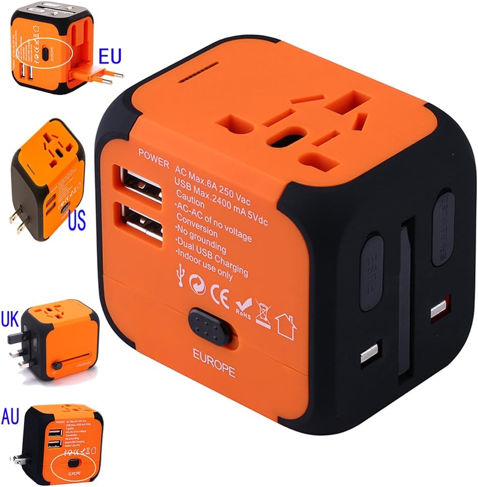 Universal Travel Adapter， International Power Adapter with 2.4A Dual USB Ports Worldwide AC Wall Outlet and Safety Fuse for Europe, UK, AU, Asia & US (Orange)