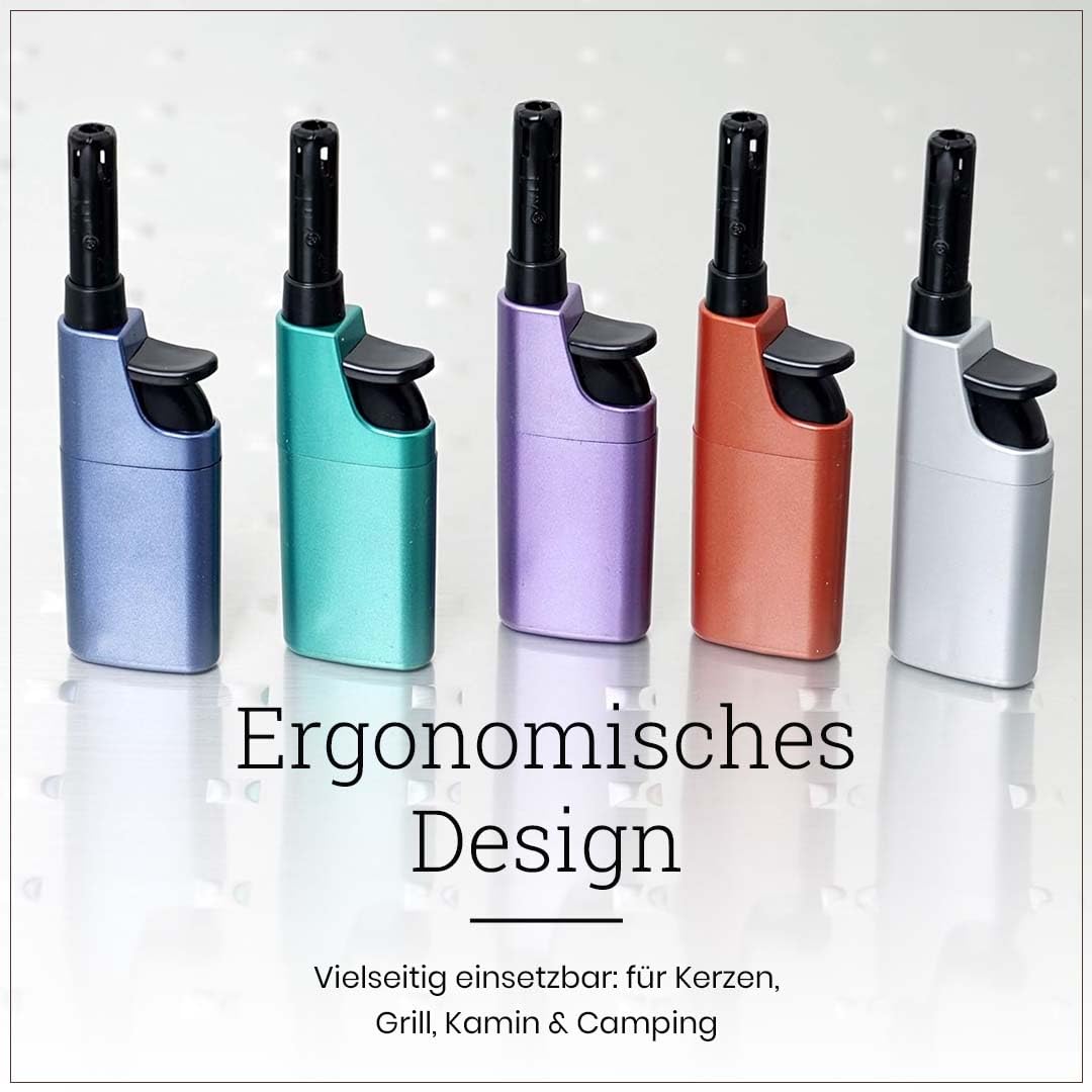Komfort Feuerzeug 5er Pack – Ergonomisch - Barrierefrei - Seniorengerecht– Nachfüllbare Piezo Gasanzünder mit Leichtbedienung – Metallic & Farbig – Für Kerzen, Grill & Outdoor
