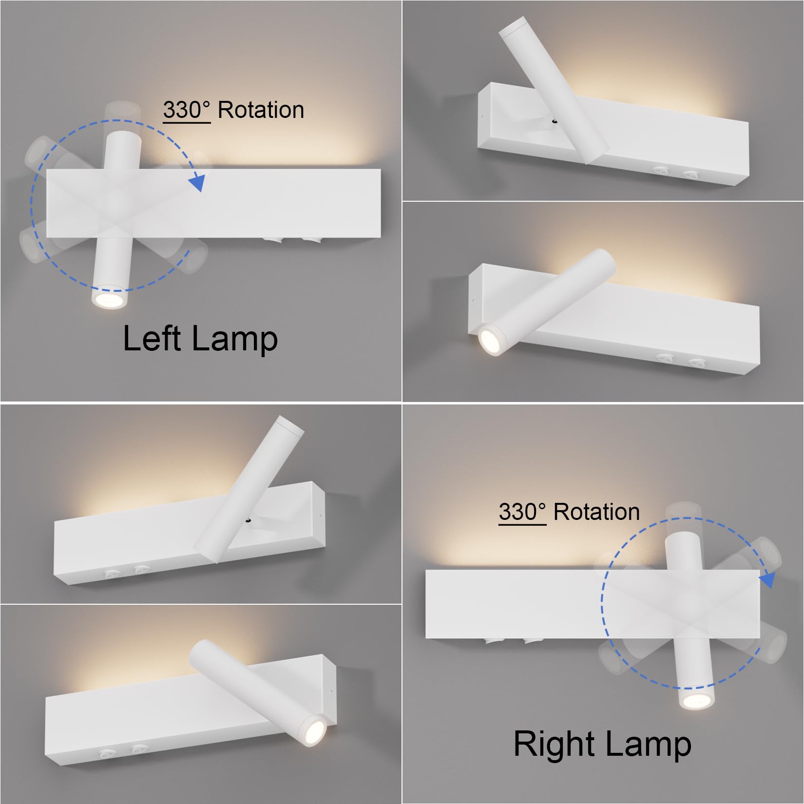 Klighten 2X Led Applique da parete Interno, 3000K Luce da parete Con 2 interruttore, 3W+3W Lampada da Parete 2 Flames, Faretto Rotondo 330°/60°Orientabile, Alluminio, Soggiorno, Luce calda, Bianco
