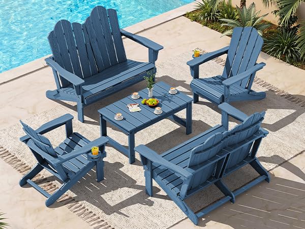Image of SERWALL 5-Pc HDPE Adirondack Set, 2 Chairs, 2 Benches&1 Coffee Table, Navy