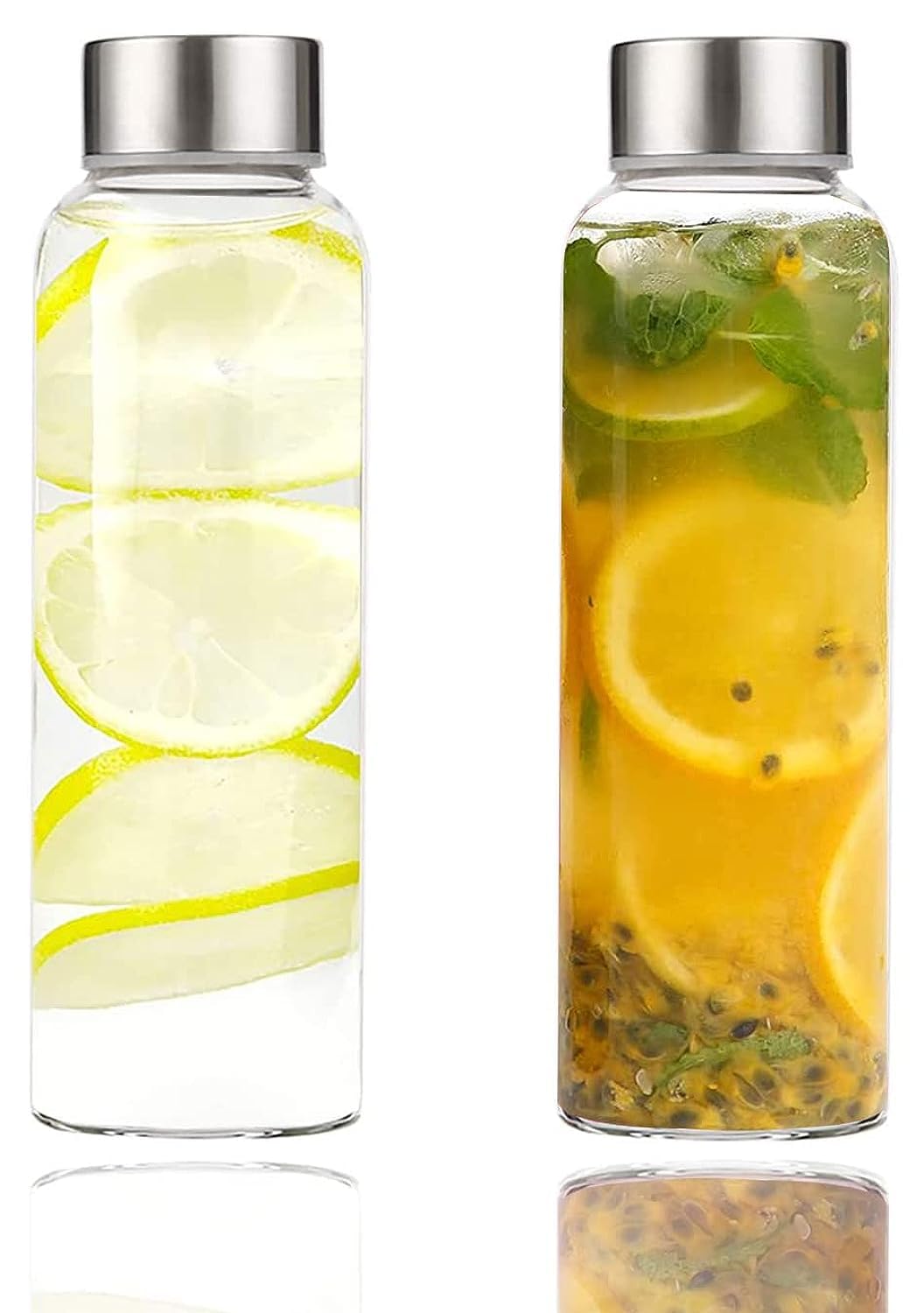 Glass Water Bottles with Lids | Natural BPA Free Eco Friendly, Reusable Refillable Water Bottles for Juicing | Wide Mouth Liquid Storage Containers for Refrigerator, 18 oz Water Bottle Set of 2