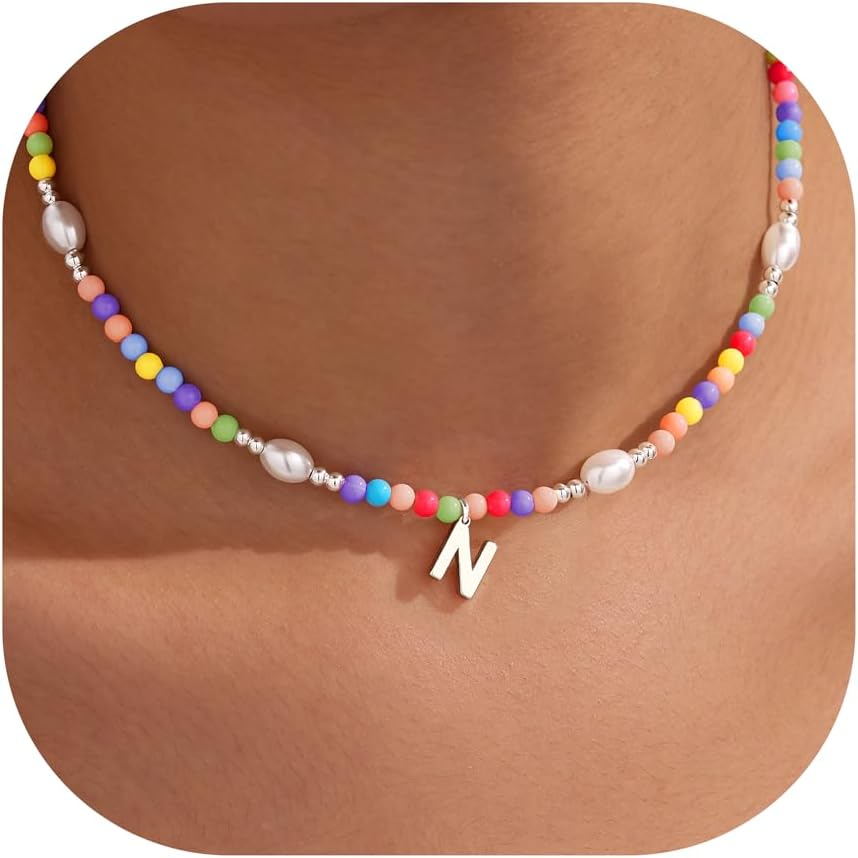 Colorful Initial Necklace for Girls – Trendy Dainty Beaded Choker with Letter Pendant, 14K Gold Plated, Cute Personalized Jewelry Gift for Kids, Teens, Women, Birthday, Christmas, Lockets