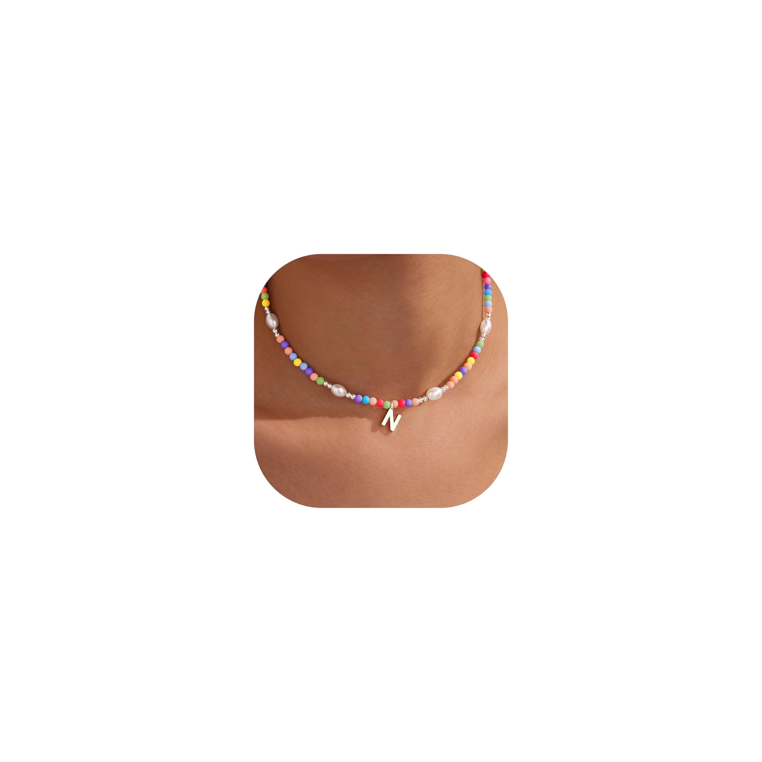 Colorful Initial Necklace for Girls – Trendy Dainty Beaded Choker with Letter Pendant, 14K Gold Plated, Cute Personalized Jewelry Gift for Kids, Teens, Women, Birthday, Christmas, Lockets