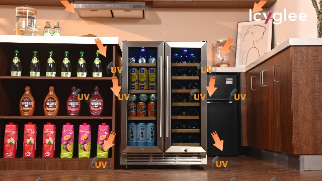 Image of Icyglee 24 inch Wine and Beverage Refrigerator, Dual Zone Wine Cooler with Glass Door, Hold 88 Cans & 21 Bottles, Built in or Freestanding Under Counter Wine Fridge with Blue LED Light.