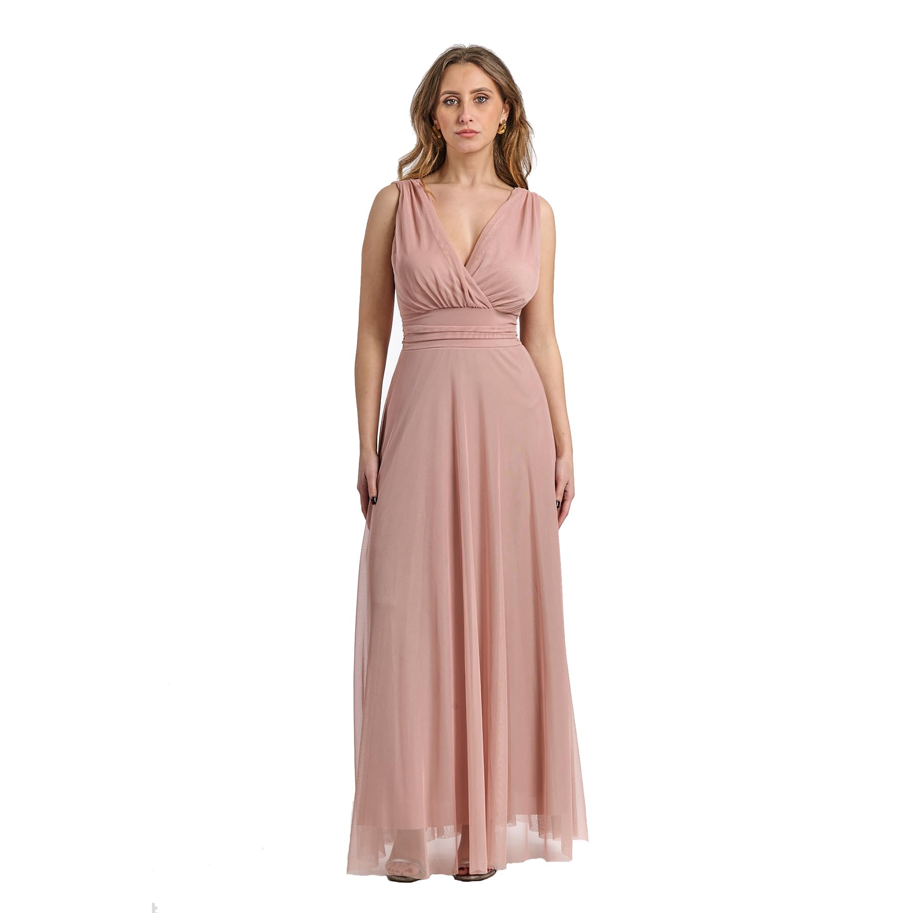 Langes Festkleid für Damen, aus elastischem Tüll mit V-Ausschnitt, hergestellt in Italien