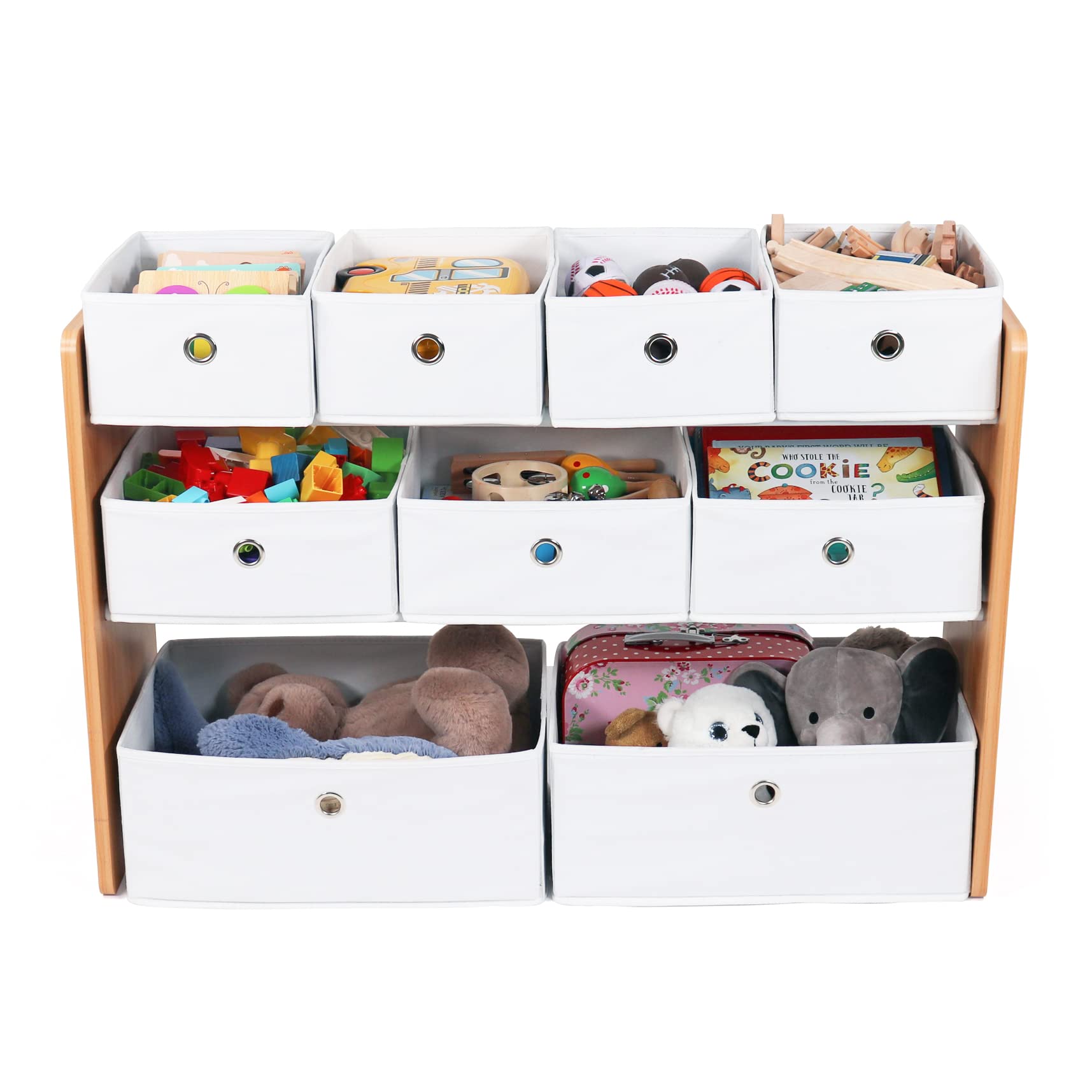 Humble Crew Scaffale Bambini in Legno: Organizer Giocattoli con 9 Contenitori in Tessuto, Design Naturale/Bianco, Perfetto per Camerette Eleganti
