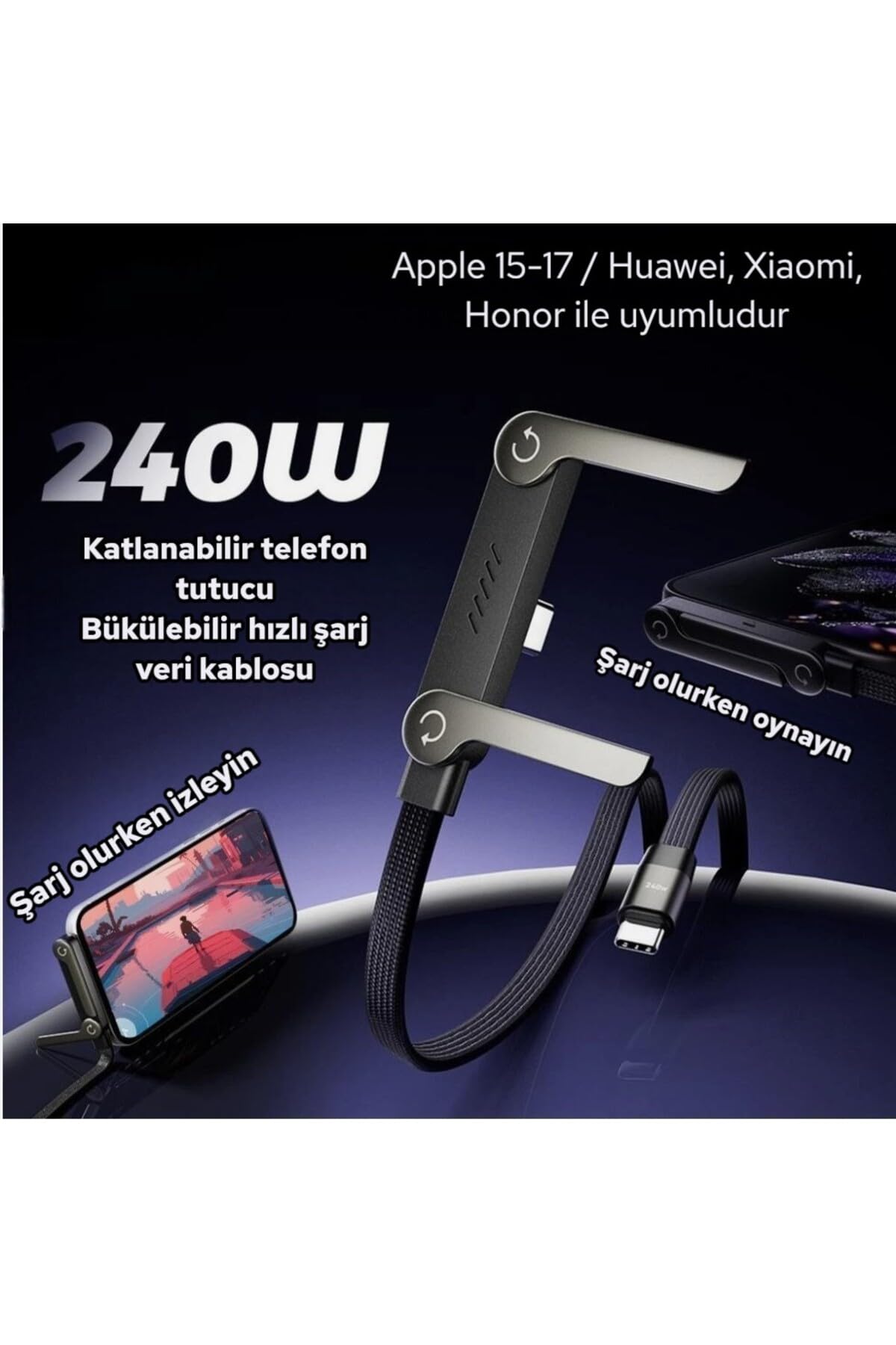 Deyhome 240W Ultra Hızlı Type-C Şarj Kablosu – 1.5M Örgülü, Katlanabilir Standlı Ergonomik Tasarım, PD Hızlı Şarj ve Data Aktarım Kablosu