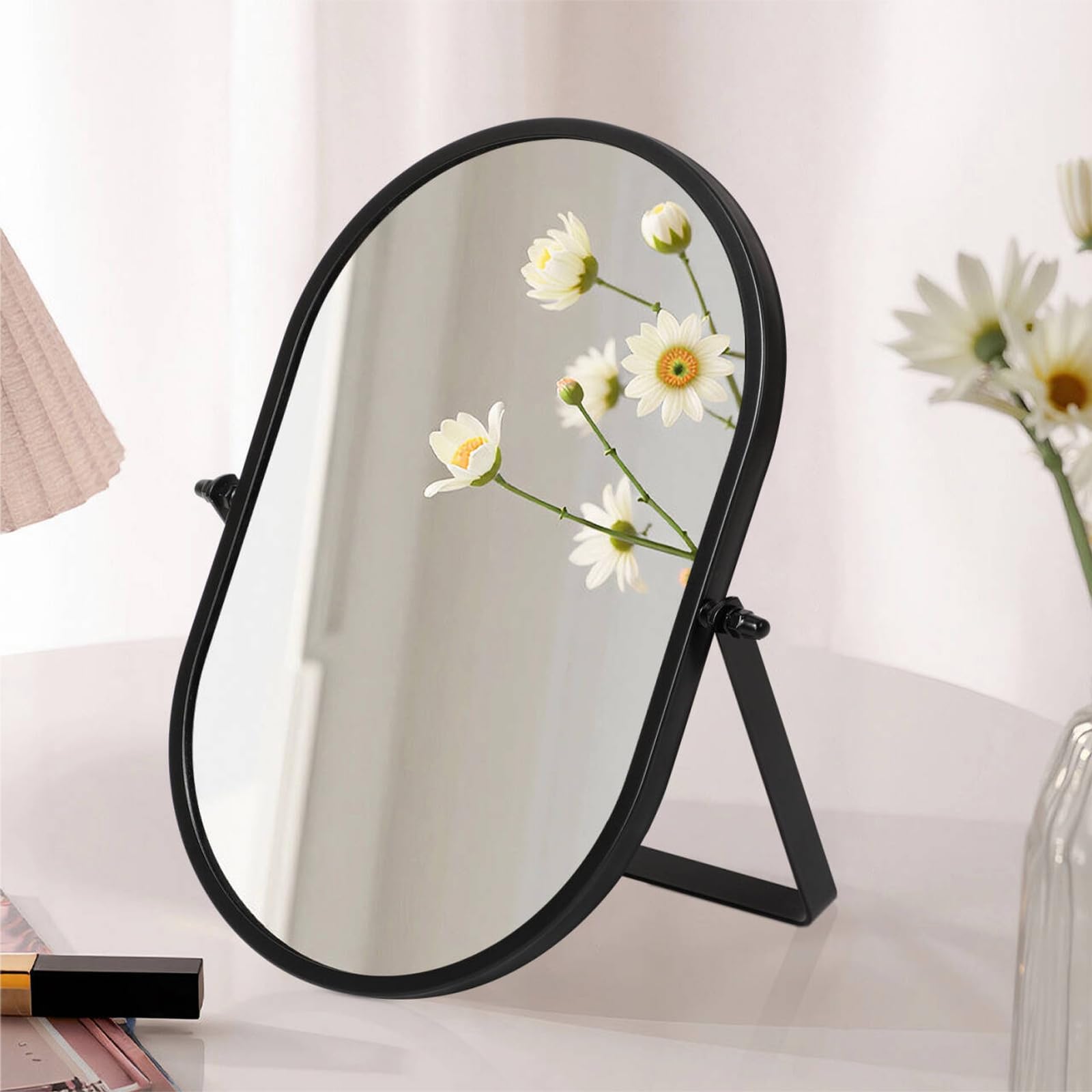 Gosider Medium-Black Black Table Mirror Oval Desk Makeup Mirrors Portable Vanity Mirrors With Metal Stand 90°Single-Sided Desk Table Mirror For Travel Bedroom Living Room Bedroom Office