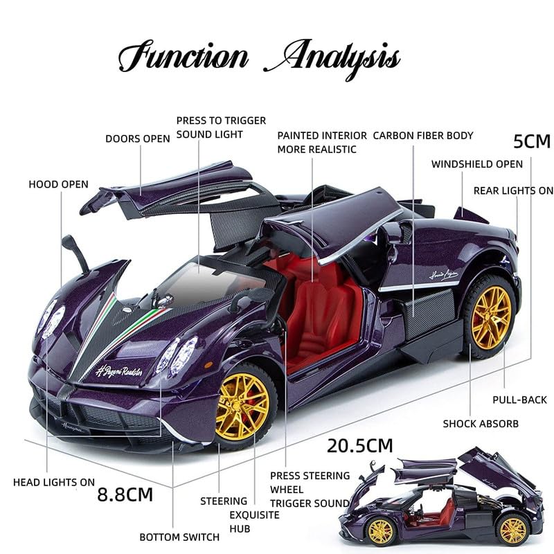 Image of VARIYA ENTERPRISEAlloy Metal Pull Back Diecast Car Scale Model Metal Pullback Toy Car with Openable Doors & Light, Music for Gift,Party Decorations Toy (1 /24 Big Pagani Huayra - Blue)