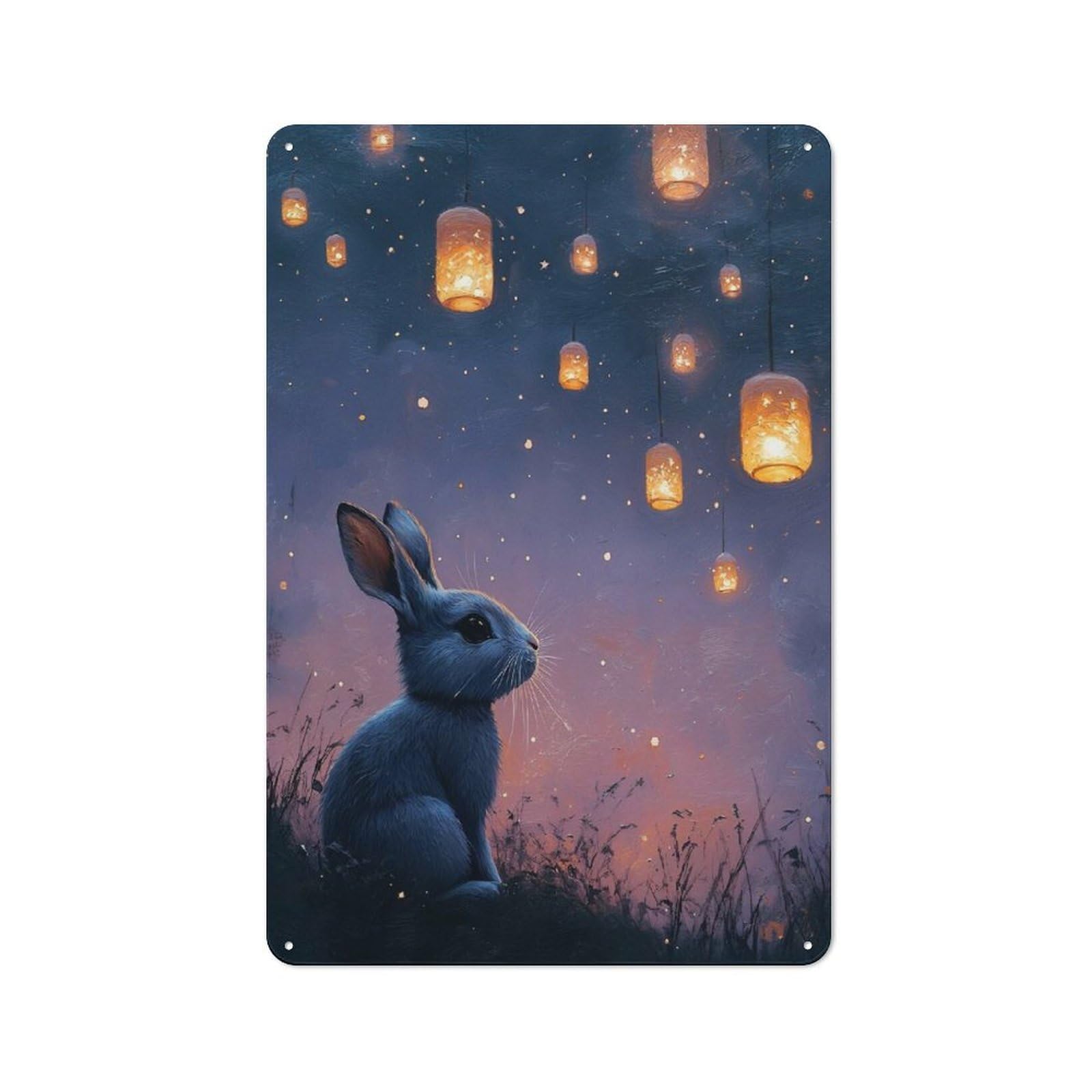 Junmoney Style-13 Loft Style Metal Wall Art Sign 30X20cm Featuring Rabbit Under Lanterns At Night, Urban Room Decor For Loft, Studio, Office Or Creative Room