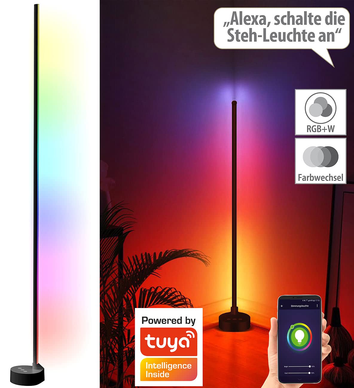 Luminea Home Control WiFi-LED-Lampe Alexa: WLAN-Steh-/Eck-Leuchte mit RGB-CCT-IC-LEDs, Versandrückläufer (Smart Life Lampe, Eckleuchten innen, Disco)