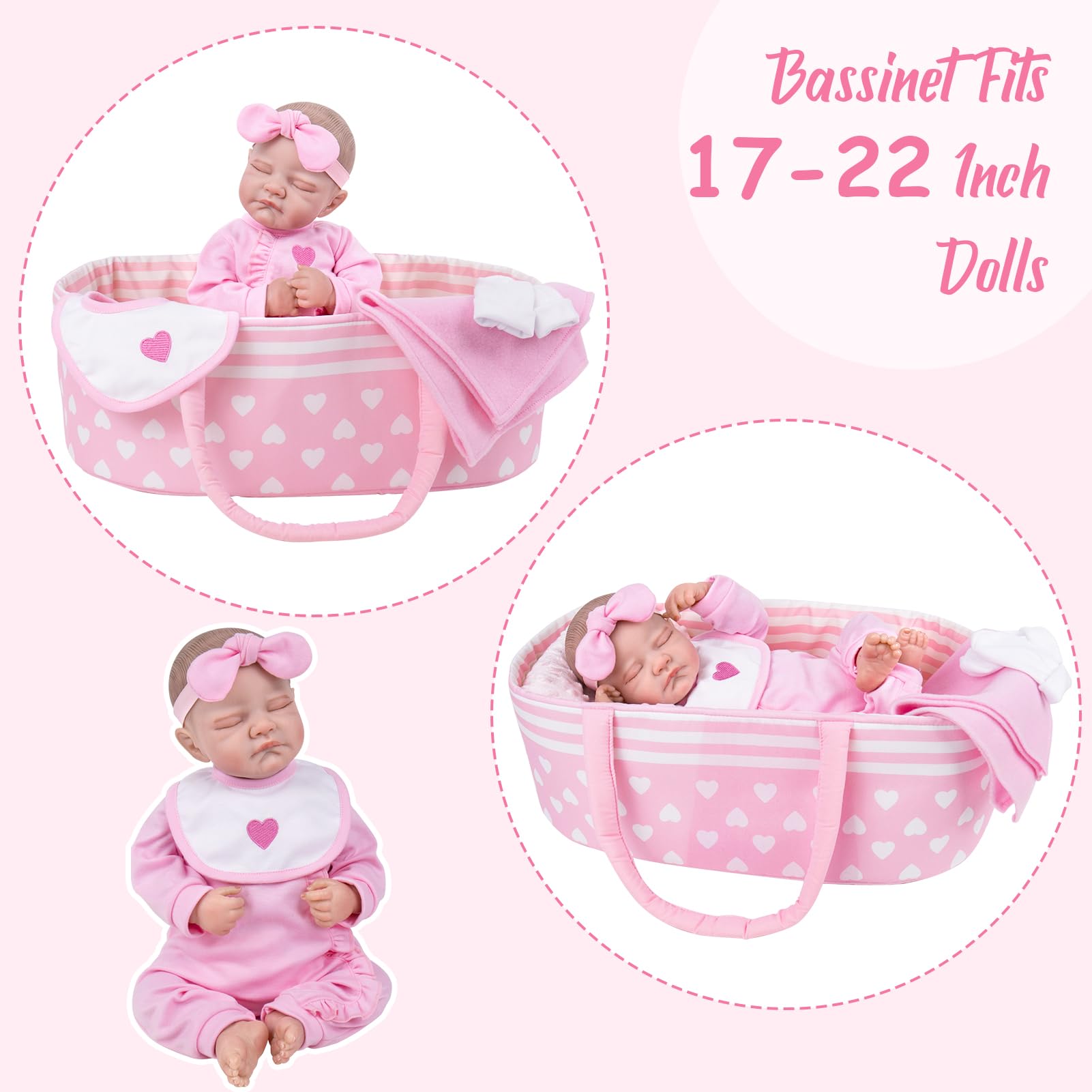 Cuna Reborn Baby Dolls - Cama plegable para cuna, accesorios suaves para muñecas con asa para bebés recién nacidos de 17 a 22 pulgadas, color rosa 2