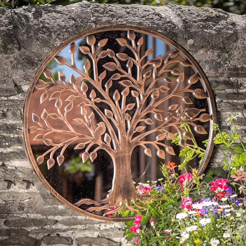 Tree of Life Wall Mirror - Outdoor Round Garden Decor - Grey or Copper with Robin Birds Makes a...