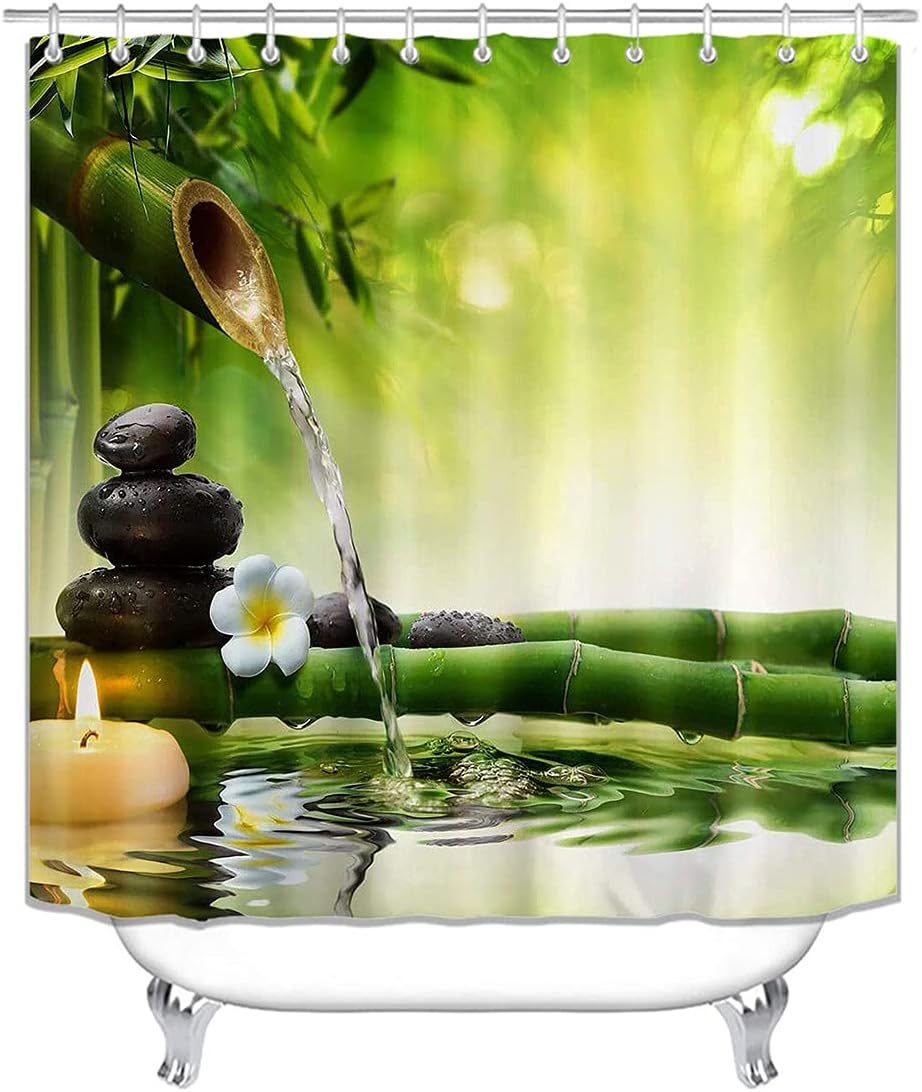OLEBETY 4PCS/Set Zen Spa Shower Curtain, White Orchid Candle Green Bamboo Basalt Massage Stone Tranquil Lake Relaxing Spiritual Meditation Bathroom Decor, Non-slip Bath Mat, Bamboo & White Flower