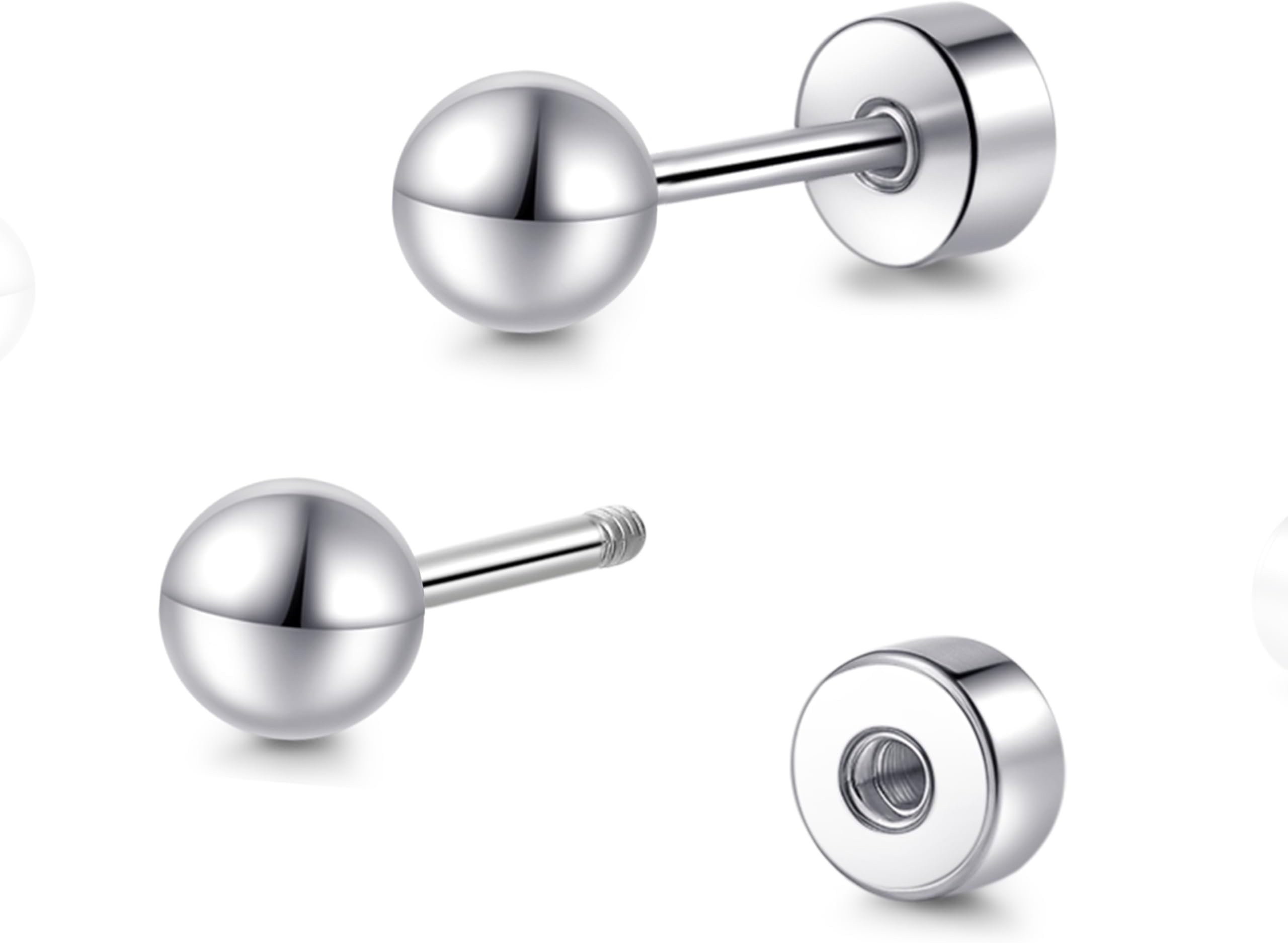 Hypoallergenic Titanium Screw Back Flat Back Ball Stud Earrings 3mm-5mm Simple Classic Stud Earrings for Women Men Sensitive Ears