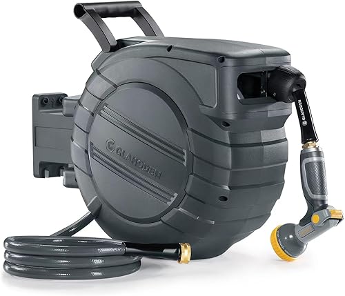 GLAHODEN Carrete de manguera de jardín retráctil de 1/2 pulgadas x 65 pies, 2025 Actualizado con doble bloqueo de trinquete, protección UV y contra