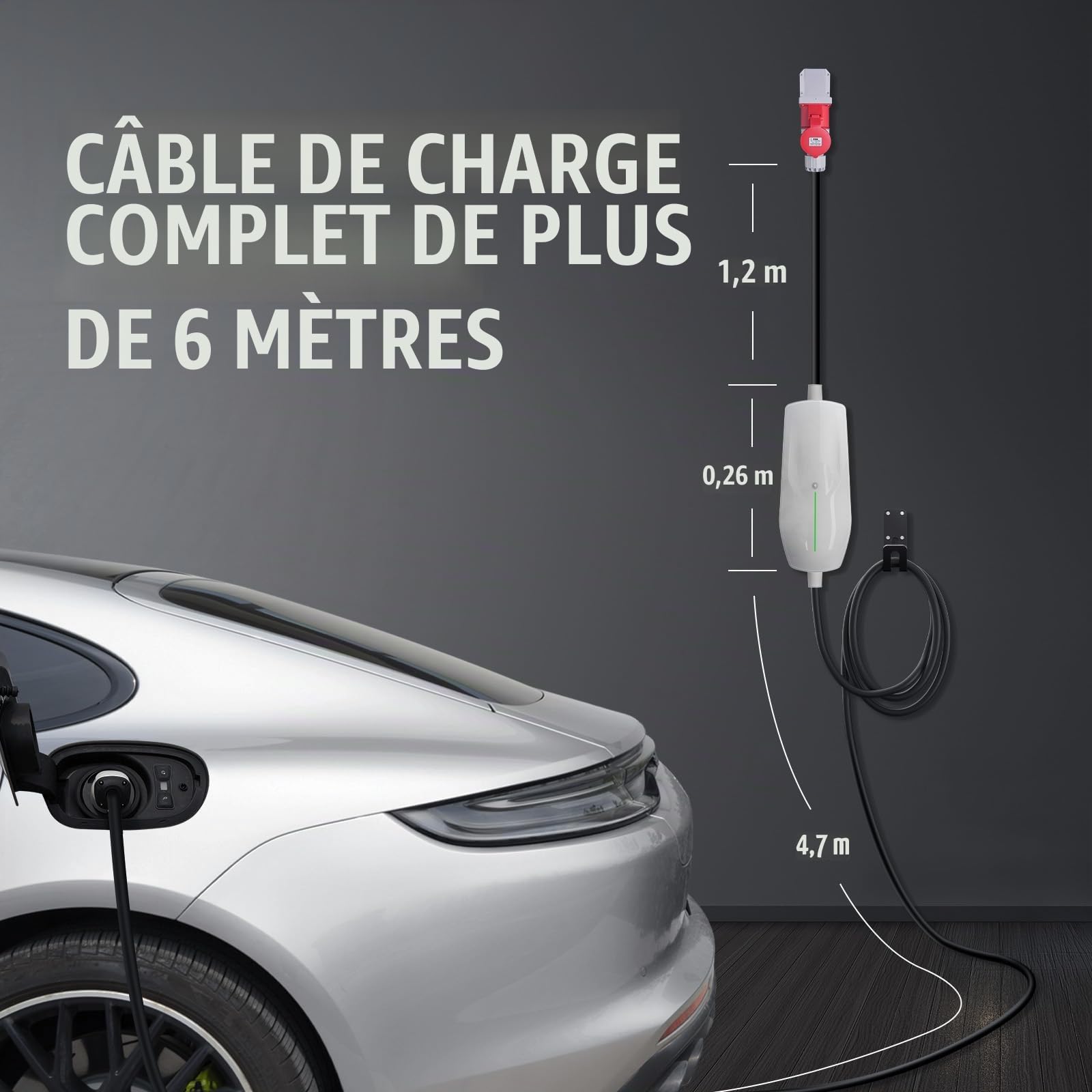 Teskee Chargeur EV Type 2 Portable EV Cars Home Station de Recharge Wallbox pour Tous Les véhicules électriques et Voitures Hybrides Rechargeables Max 11kW 16Amp 6 mètres Prise CEE triphasée