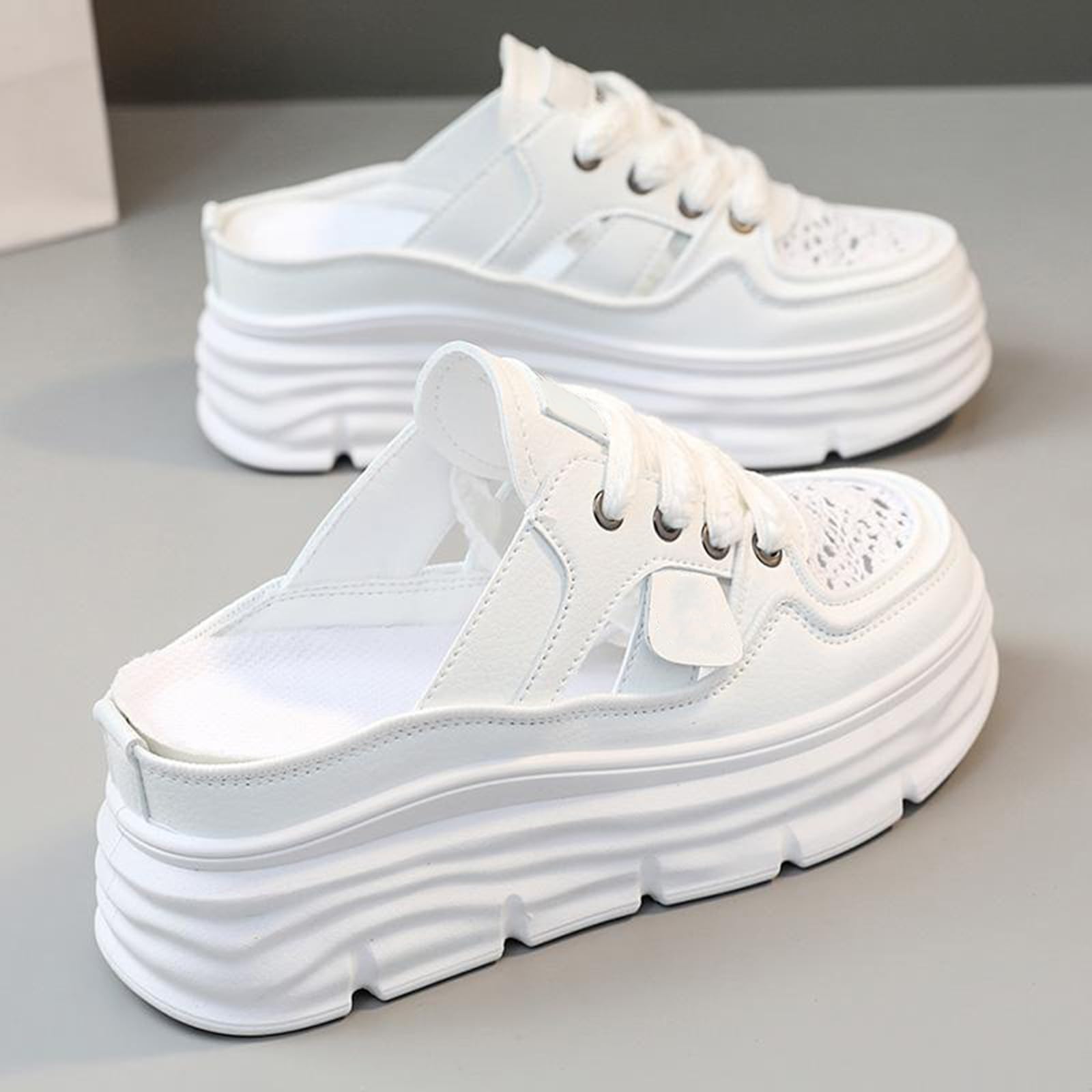 Generico Zapatillas de deporte mujer verano lona - Sandalias mujer cerradas delante y abiertas detrás sandalia plataforma con cordones zapatillas punta redonda patrón perforado zapatos ligeros y
