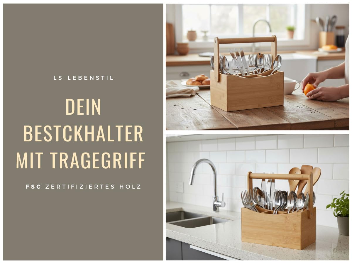 LS-LebenStil Holz Besteckkorb Kampen 4-Fächer 22cm Rechteckig mit Griff Cutlery Utensilo Küche Utensilienhalter Organizer Besteckkasten Besteckständer Besteckbehälter Besteckhalter Stiftebox