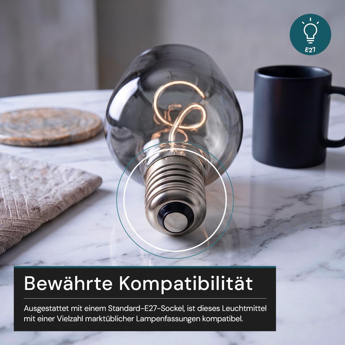 LUXULA E27 LED Vintage Glühbirne XL Leuchtmittel, Weinglas Smoke, 4 Stück | Retro Glühbirne E27, Filament Leuchtmittel dimmbar, Vintage Deko Lampe, 4W, 200lm, 1800K warmweiß, Smoke Glas, Ø123x163mm