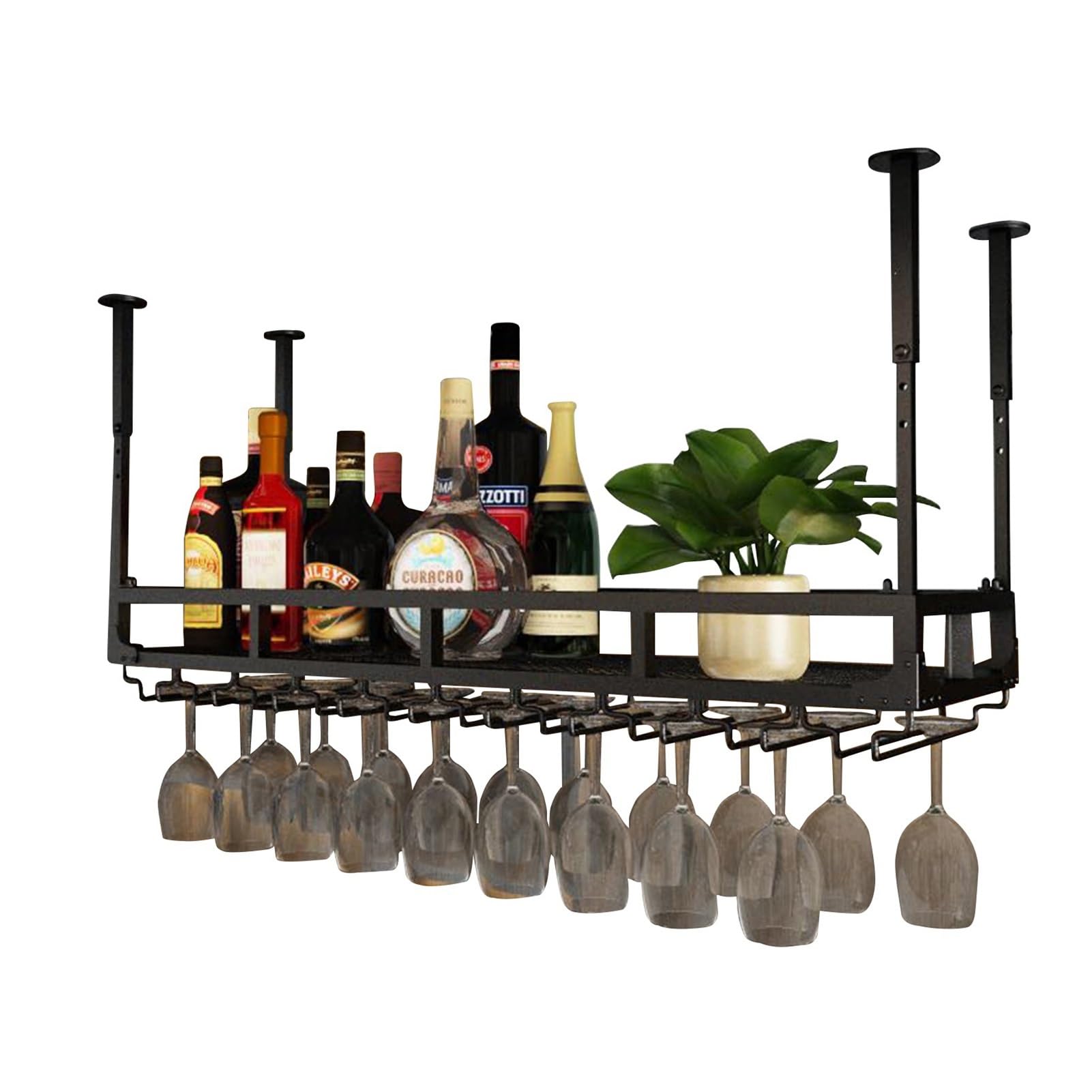 Casier à Vin Suspendu Au Plafond - Rangement 11 Bouteilles + 30 Verres | Étagère Réglable Pour Bar Ou Cuisine