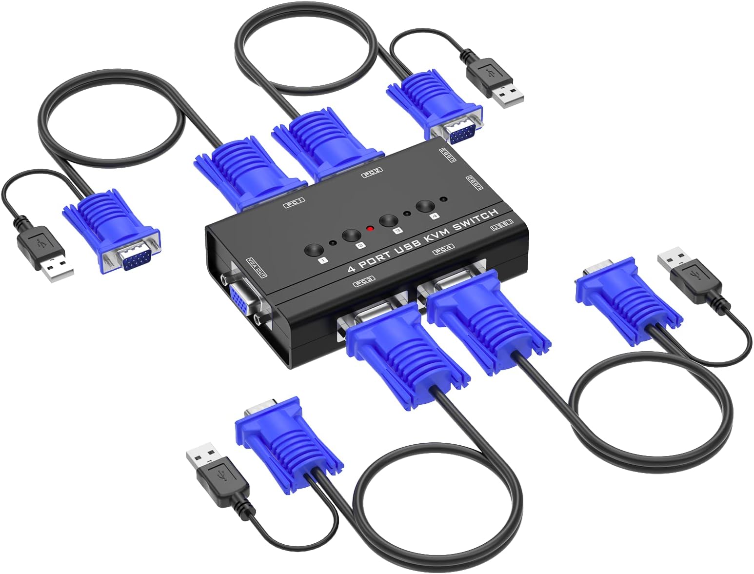 VGA KVM Switch, 4 Port USB VGA KVM Switch, with 4 KVM Cables and 3 USB Hubs, Share 1 Monitor for 4 PCs Keyboard and Mouse