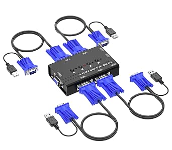 VGA KVM Switch ، Yinker 4 Port USB VGA KVM Switch مع / 4 KVM Cables و 3 USB Hubs لـ 4 أجهزة كمبيوتر Share One Monitor Keyboard Mouse