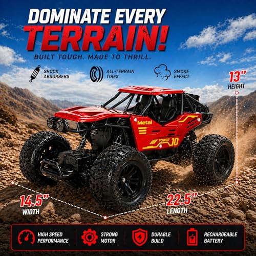 Image of RC Rock Crawler 2WD | Off-Road Monster Truck with Real Smoke Effect, Alloy Body & Rechargeable Battery | Durable Suspension | RC Car for Kids 4+ & Adults | Dark Red