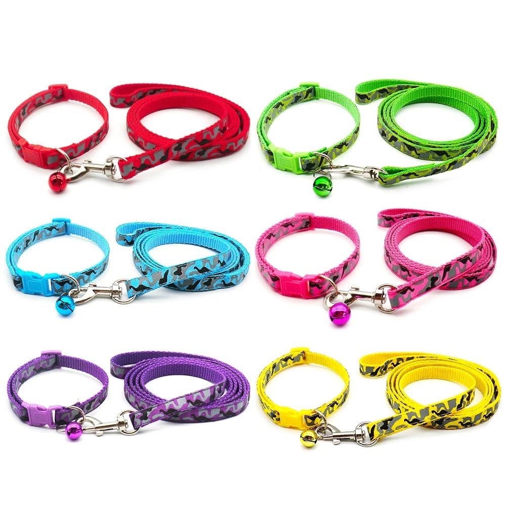 Small Dog Puppy Pet Collar and Lead Set Camo Camouflage Design Nylon Adjustable Size 19-32cm Collar with Bell and 120cm Leash Green - Image 4