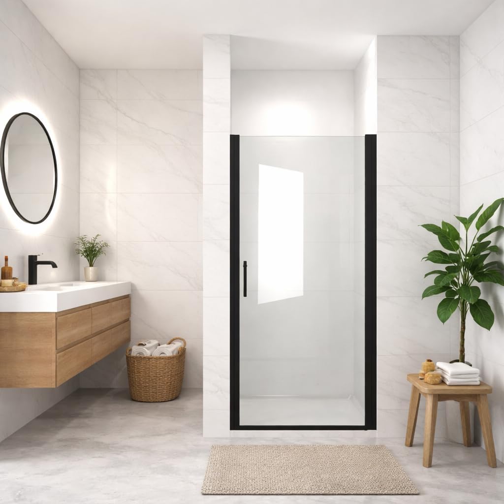 30"x 72" Pivot Shower Door, Matte Black Aluminum Frame, Half Frame,1/4"(6mm) Tempered Glass Explosion Proof Film,Stainless Steel Handle