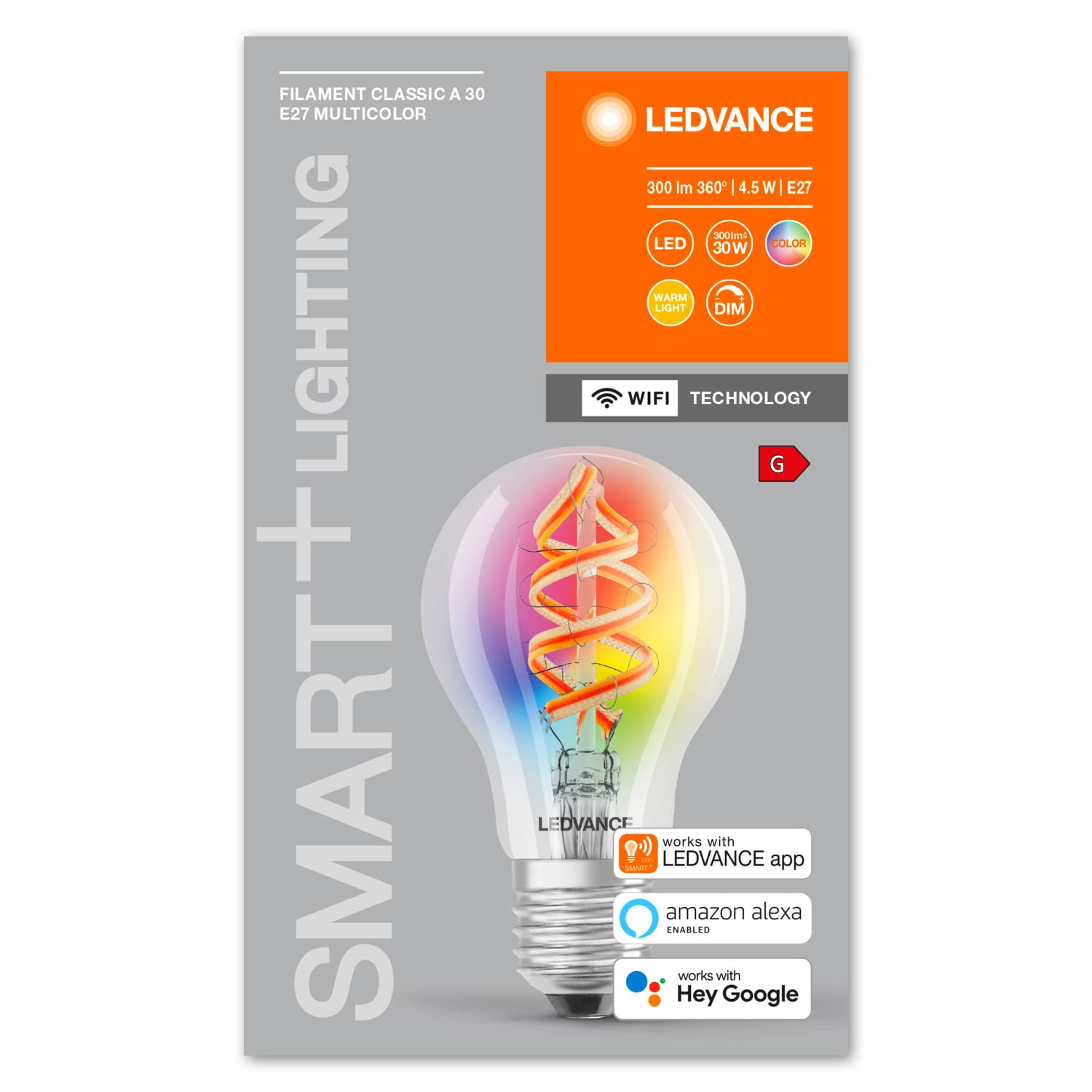 LEDVANCE Smarte LED-Lampe mit Wifi Technologie, E27, RGB-Farben änderbar, Edisonform, Farbiges Filament als Stimmungslicht, Ersatz für herkömmliche 60W-Glühbirnen, steuerbar mit Alexa, Google & App
